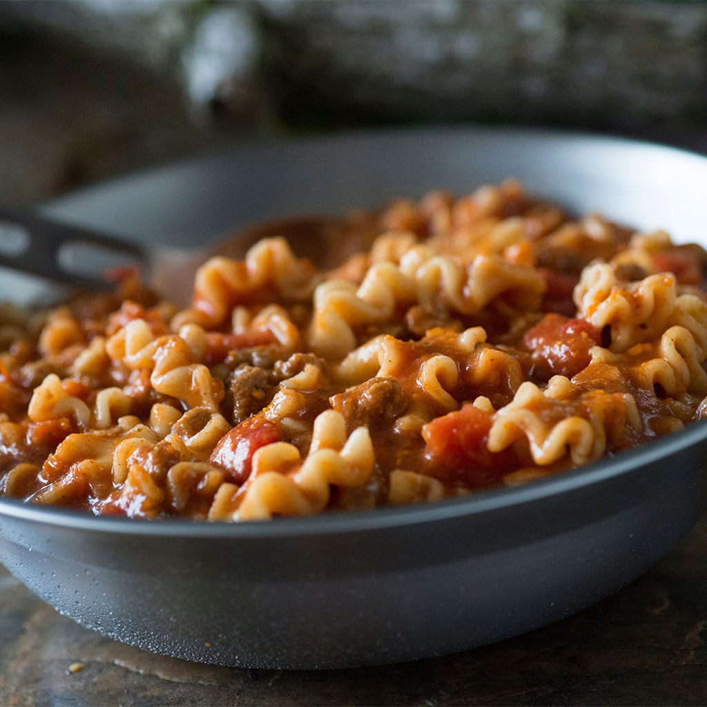 Bowl of freeze dried lasagna prepared