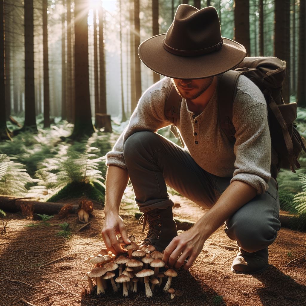 Man foraging for mushrooms in the wild.