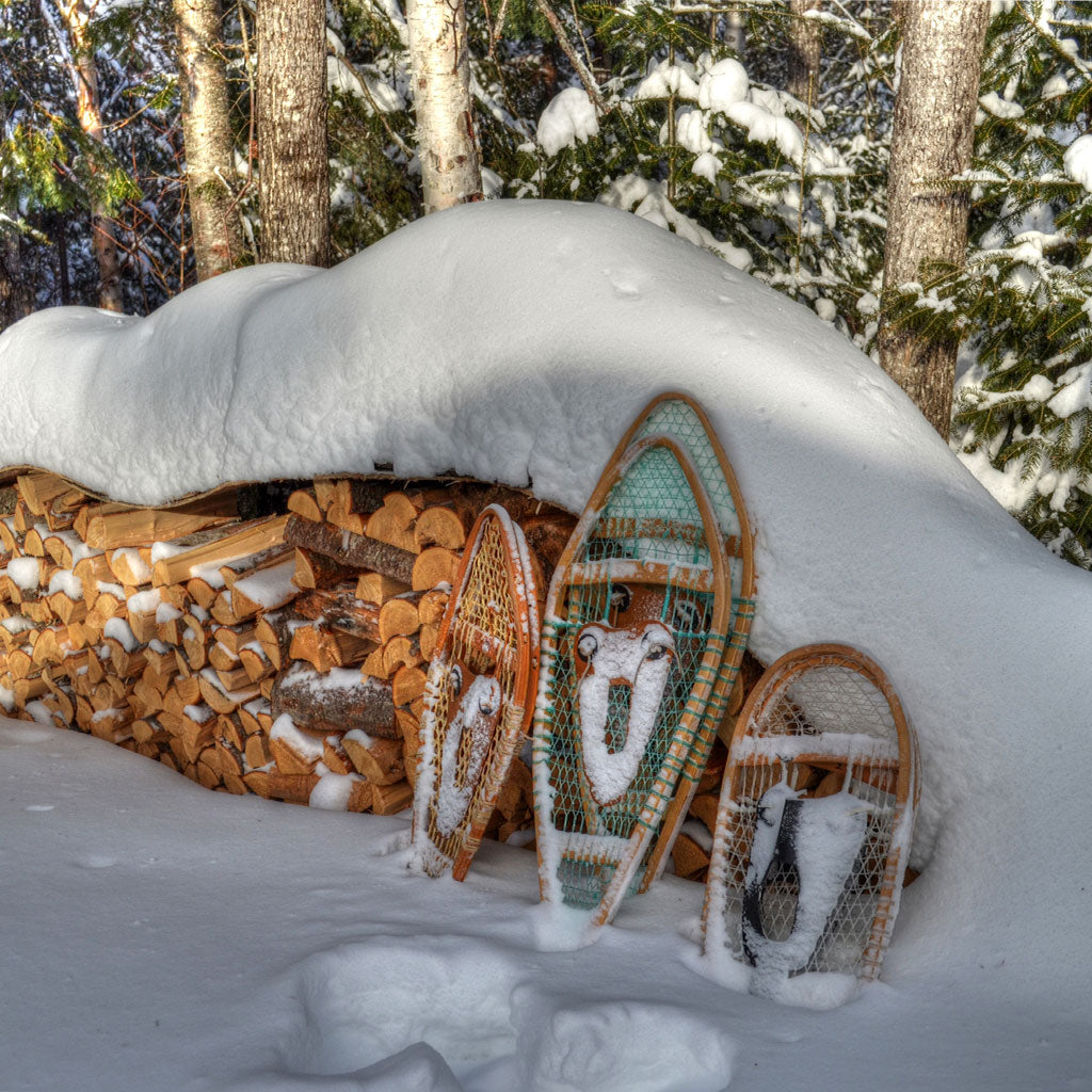 snowshoes against a stack of chopped wood