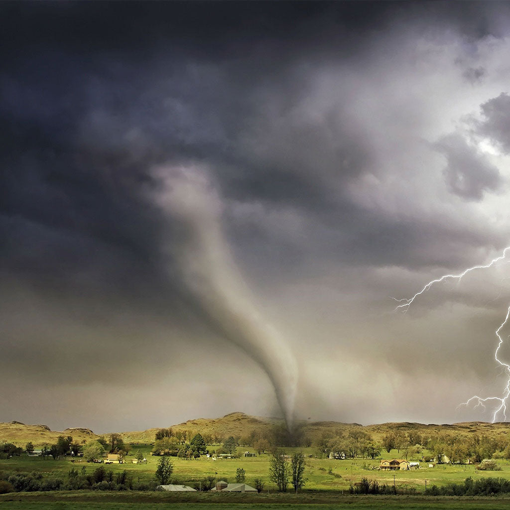 tornando touching down with lightning strikes