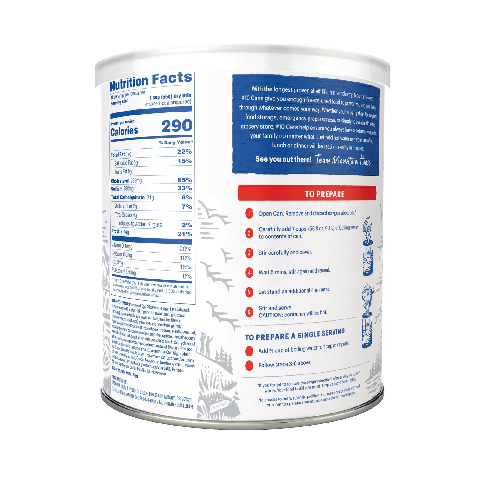 Back of Chorizo Breakfast Scramble #10 Can that shows the nutrition label and ingredients on a white background