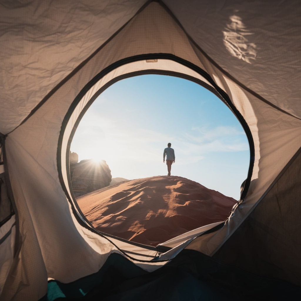 Camper walking outside of his tent.