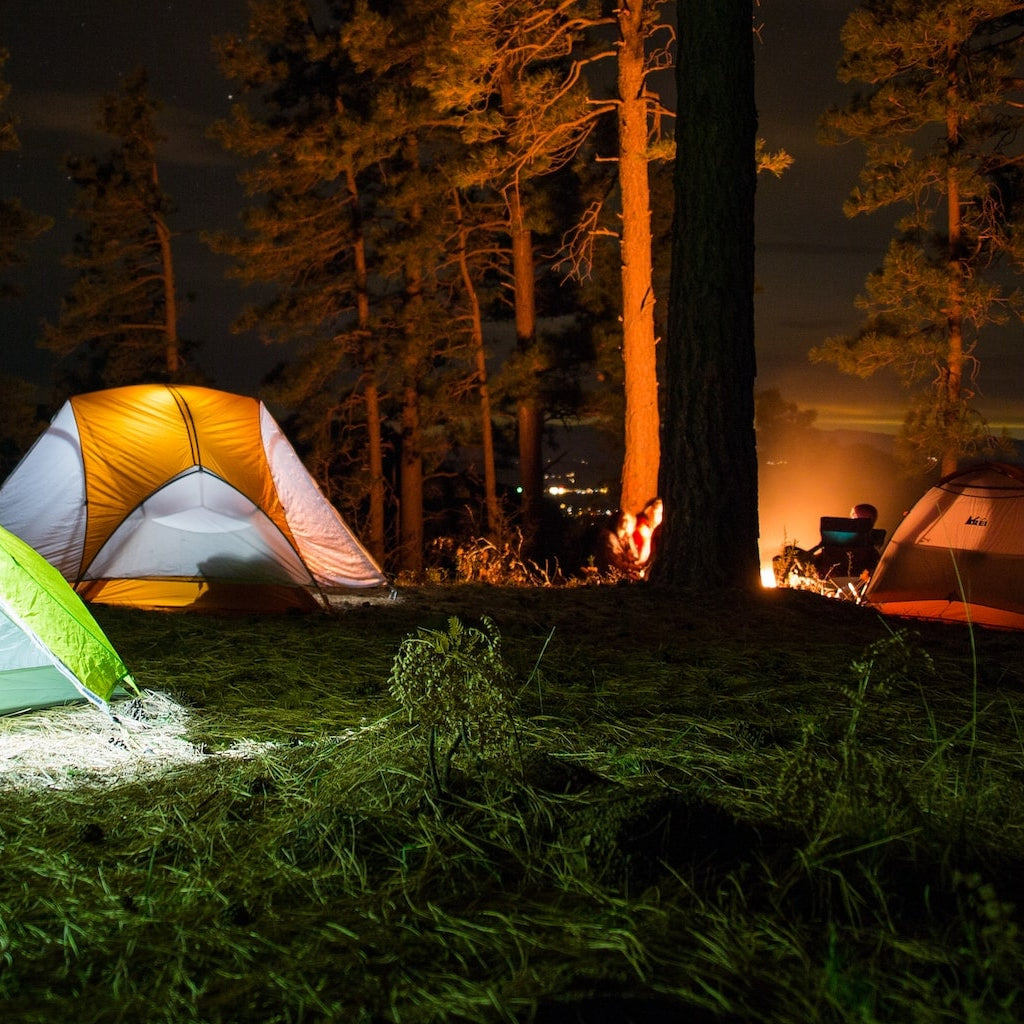 Two lighted dome camping tents in the forest with people nearby sitting around campfire at night