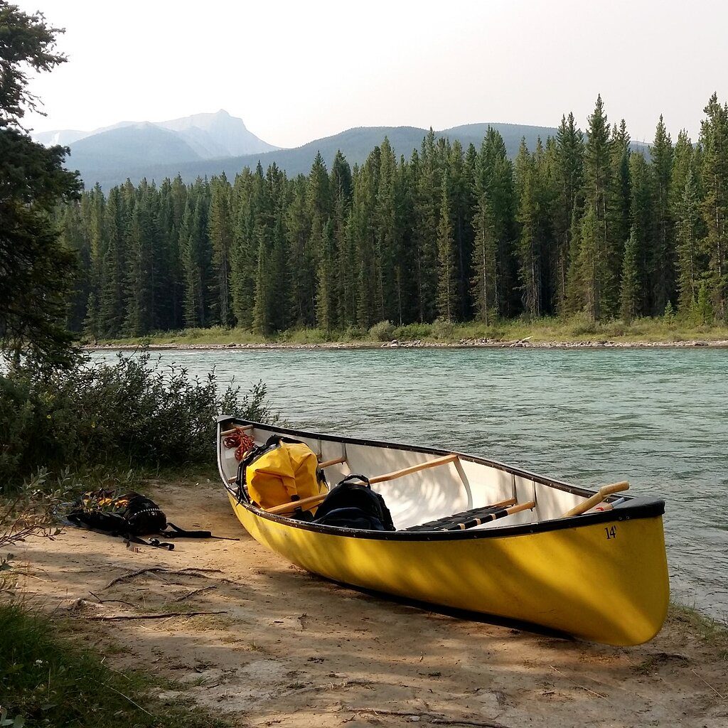 Yellow canoe sitting on forest riverbank.