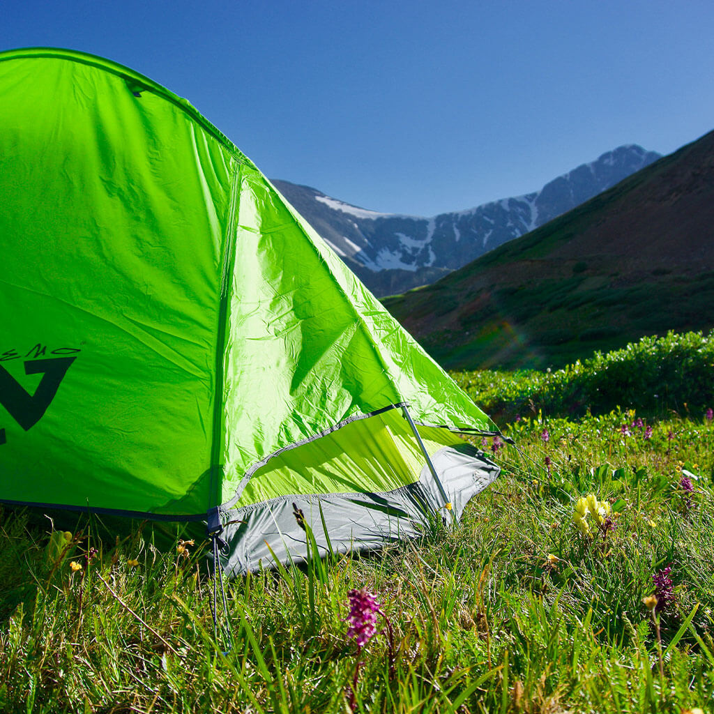 green dome tent with mountains in background