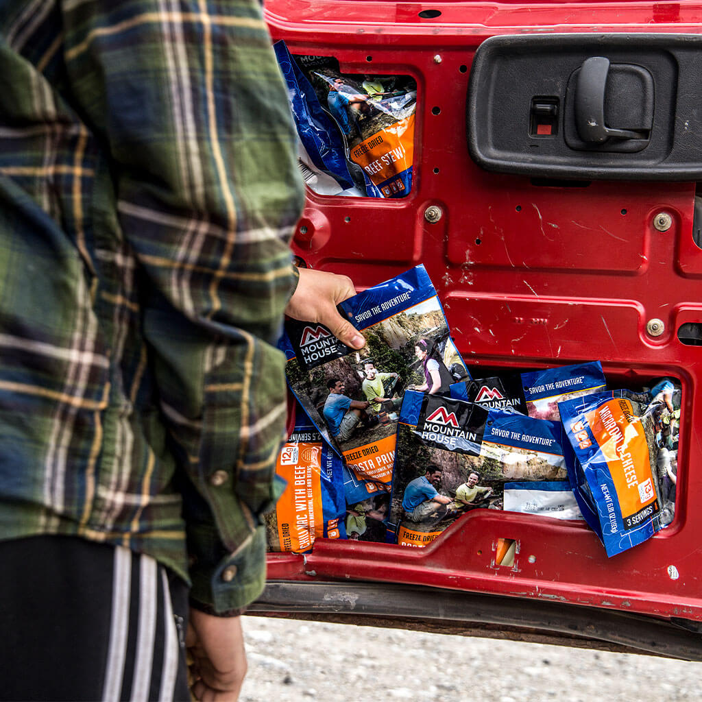 freeze dried mountain house food stuff in car door