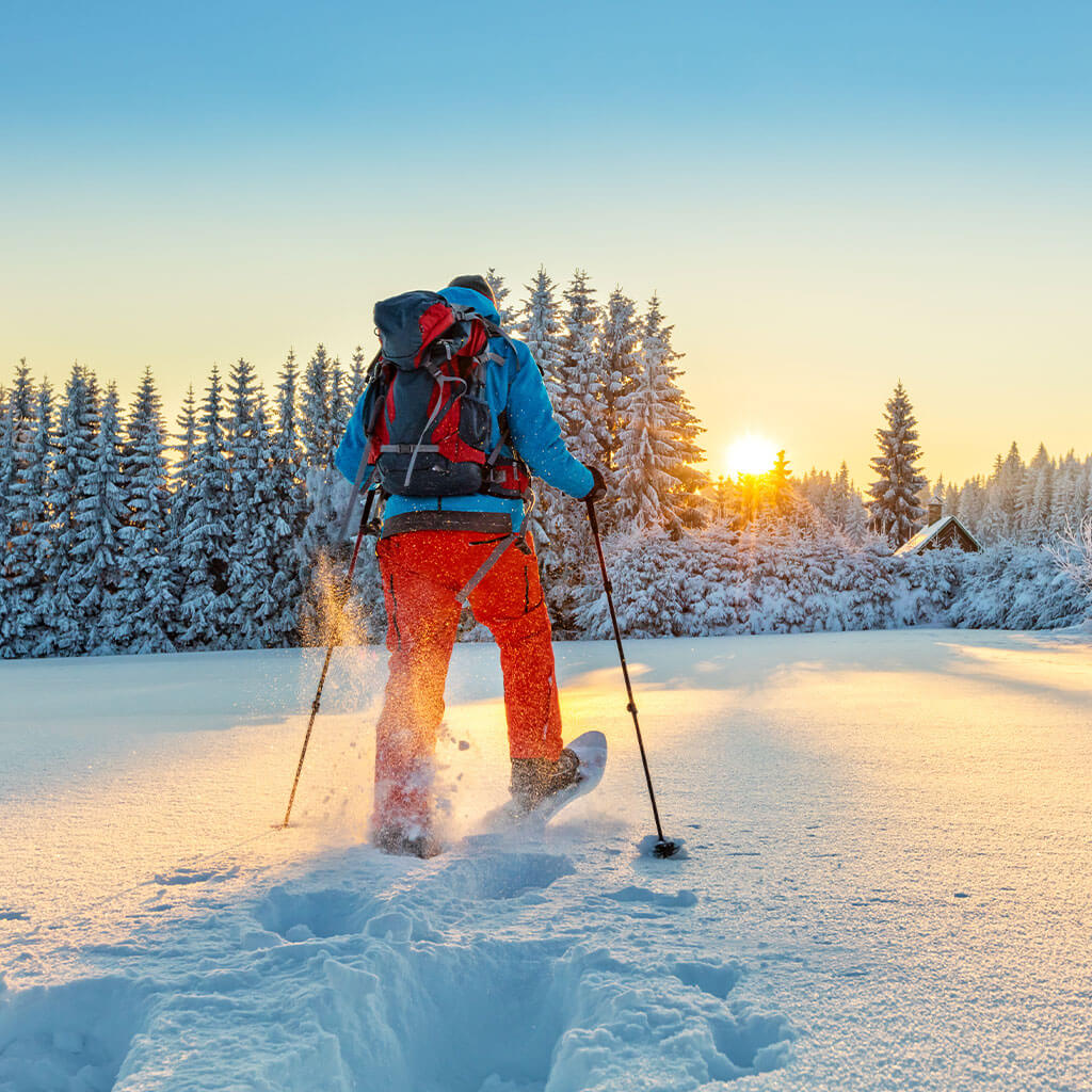 Backpacker snowshoeing towards treeline