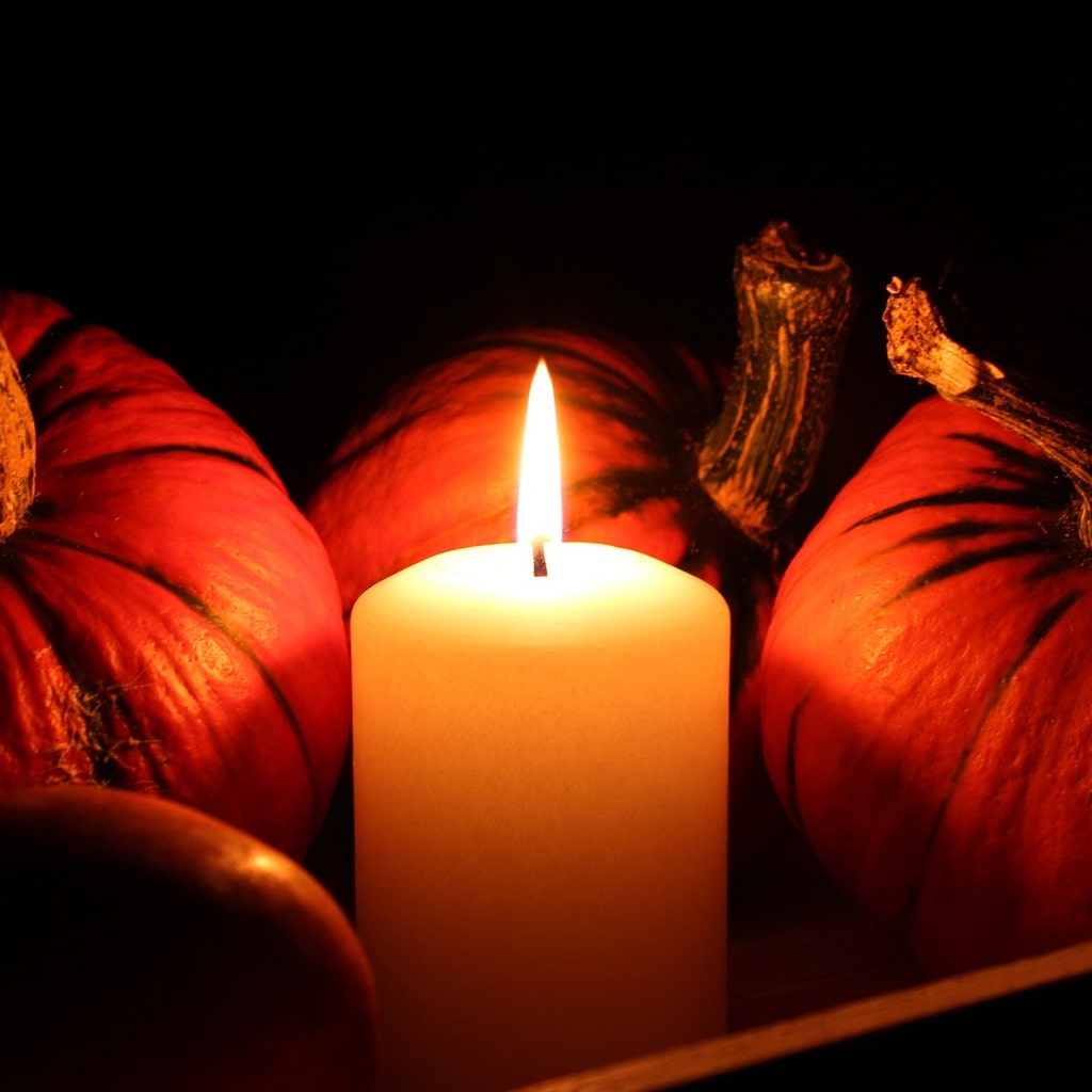 Halloween pumpkins surrounding candle