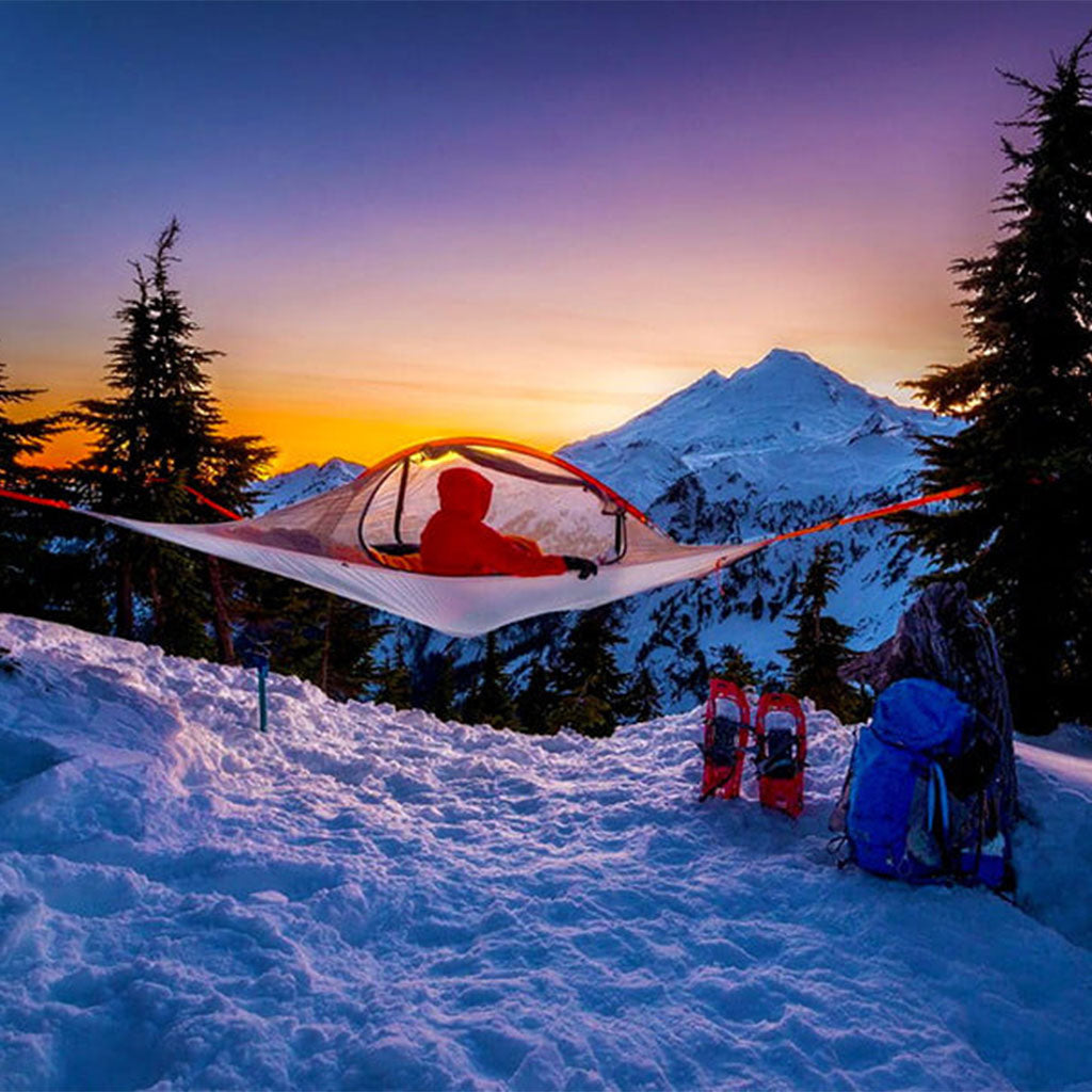 Tentsile Flite tent strung between trees above snow