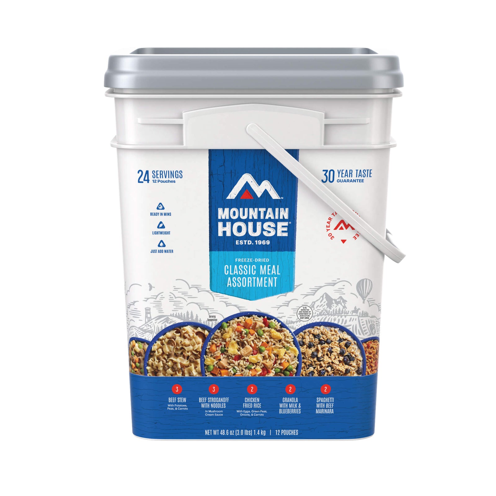 Front view of the Mountain House Classic Meal Assortment Bucket