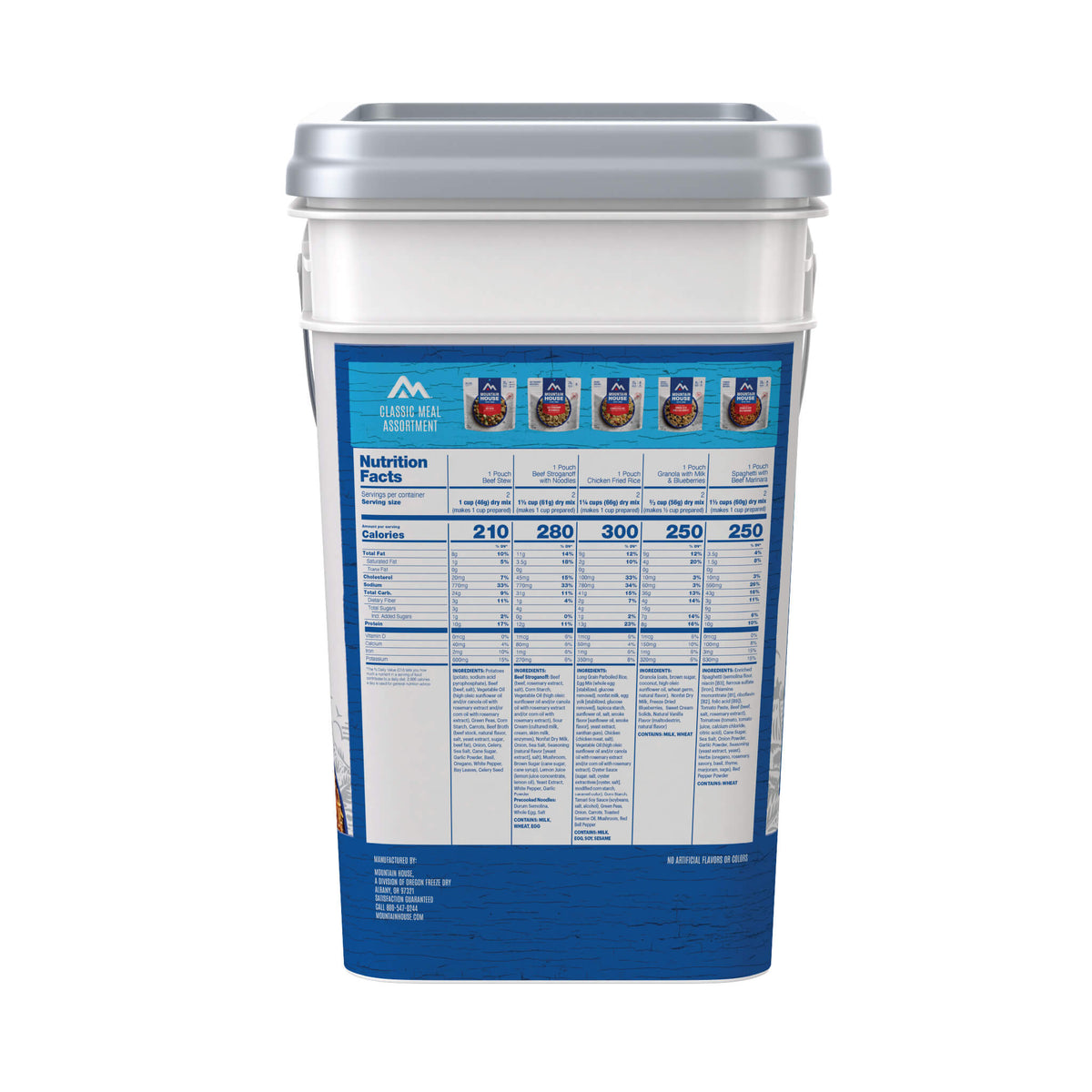 Side view of the Mountain House Classic Meal Assortment Bucket with the nutritional and ingredient information