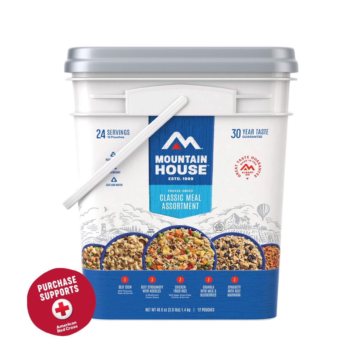 Mountain House Classic Meal Assortment food storage bucket on a white background with a red circle that says purchase supports American Red Cross