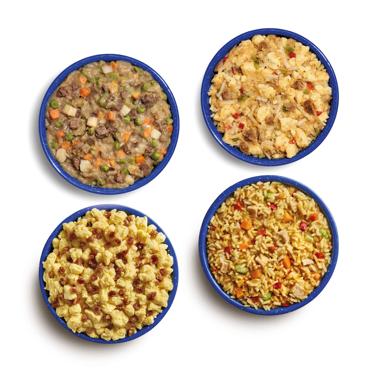 Aerial view of prepared Mountain House Beef Stew, Breakfast Skillet, Scrambled Eggs with Bacon, and Rice & Chicken in blue camping bowls.