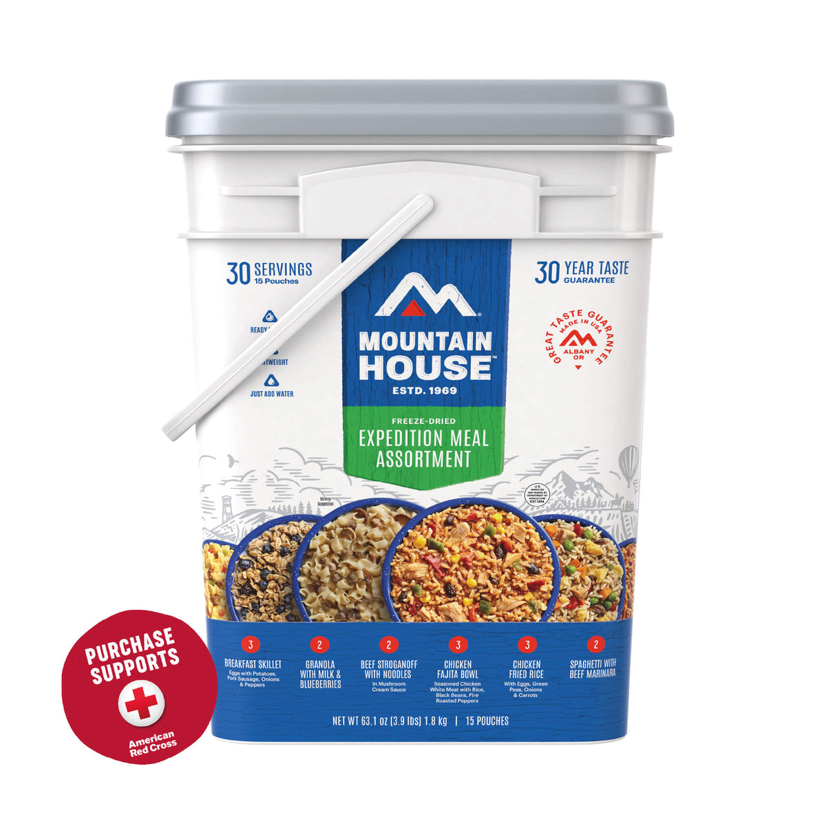 Mountain House Expedition Meal Assortment bucket packaging with a white background and a red circle that says purchase supports American Red Cross