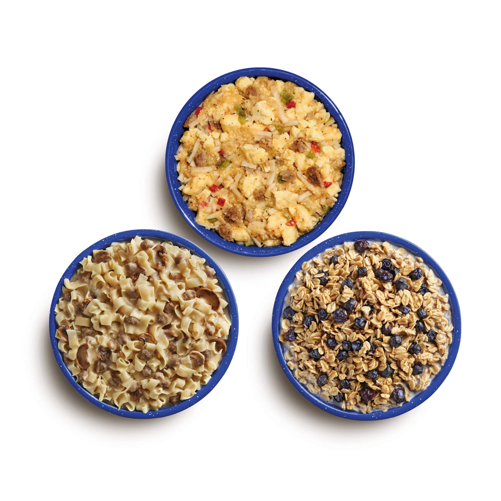 Aerial food shots of Breakfast Skillet, Beef Stroganoff with Noodles, and Granola with Milk & Blueberries in blue camping bowls.