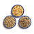 Aerial food shots of Breakfast Skillet, Beef Stroganoff with Noodles, and Granola with Milk & Blueberries in blue camping bowls.