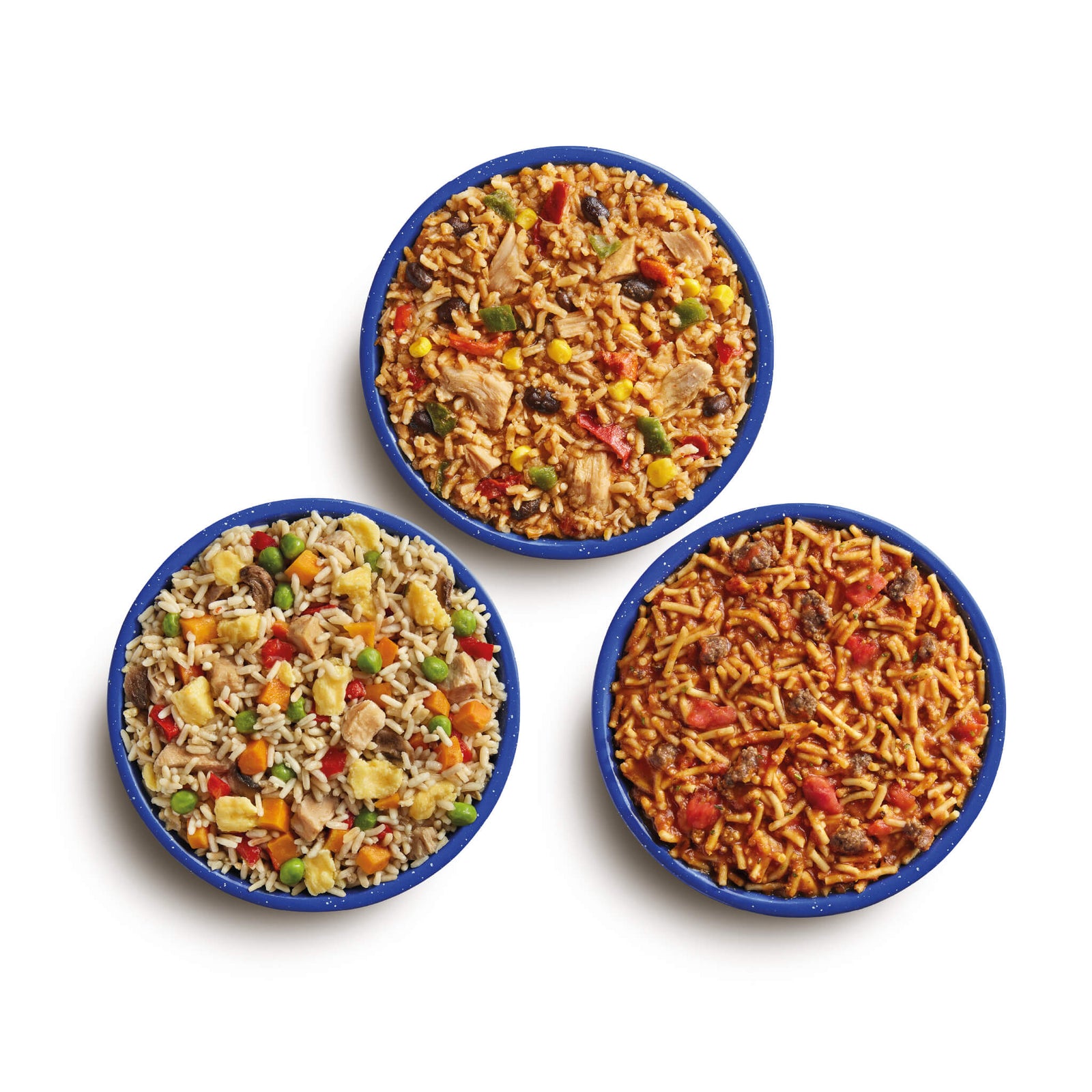 Aerial food shots of Chicken Fajita Bowl, Chicken Fried Rice, and Spaghetti Beef Marinara in blue camping bowls.