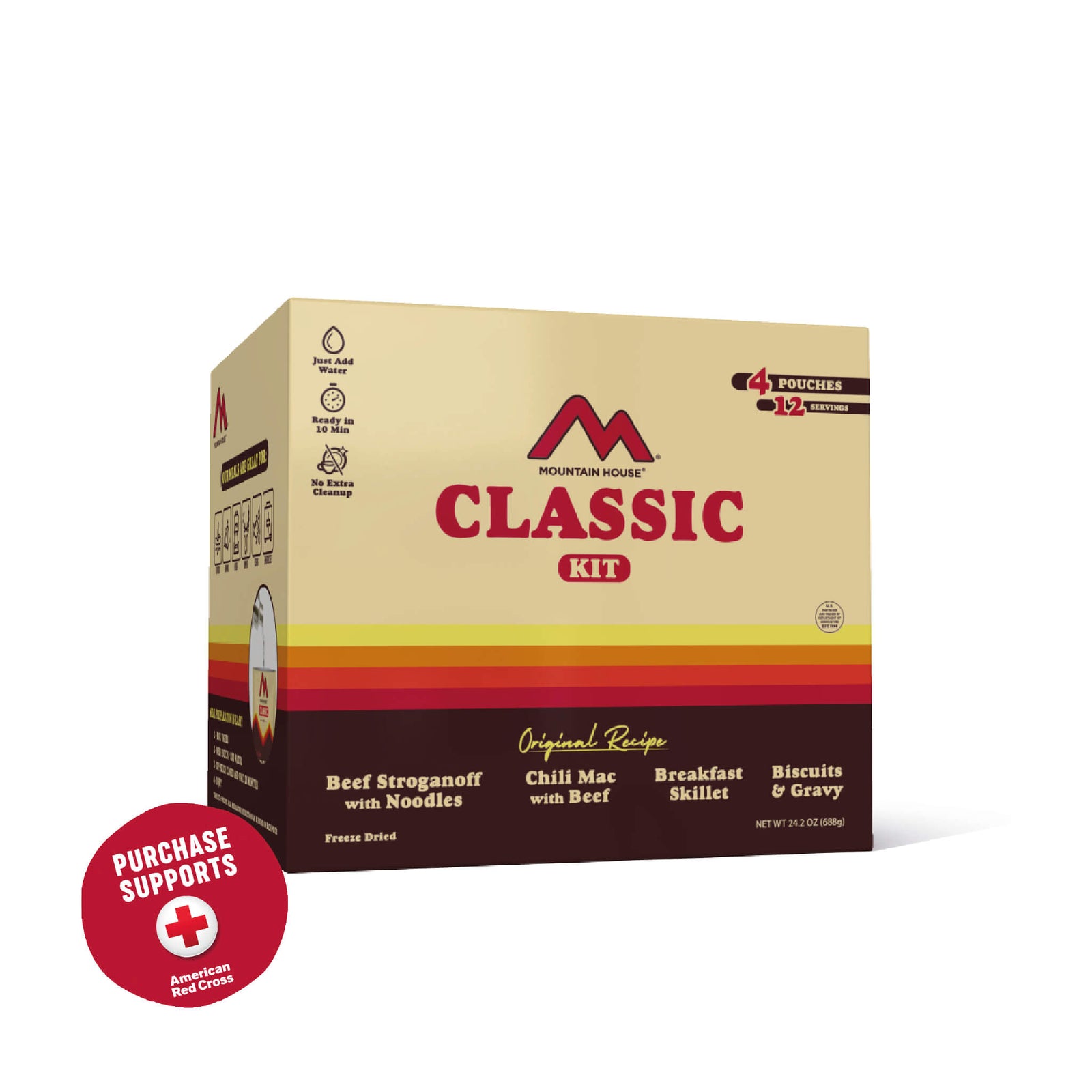 Mountain House Classic Kit packaging on a white background with a red circle that says purchase supports American Red Cross