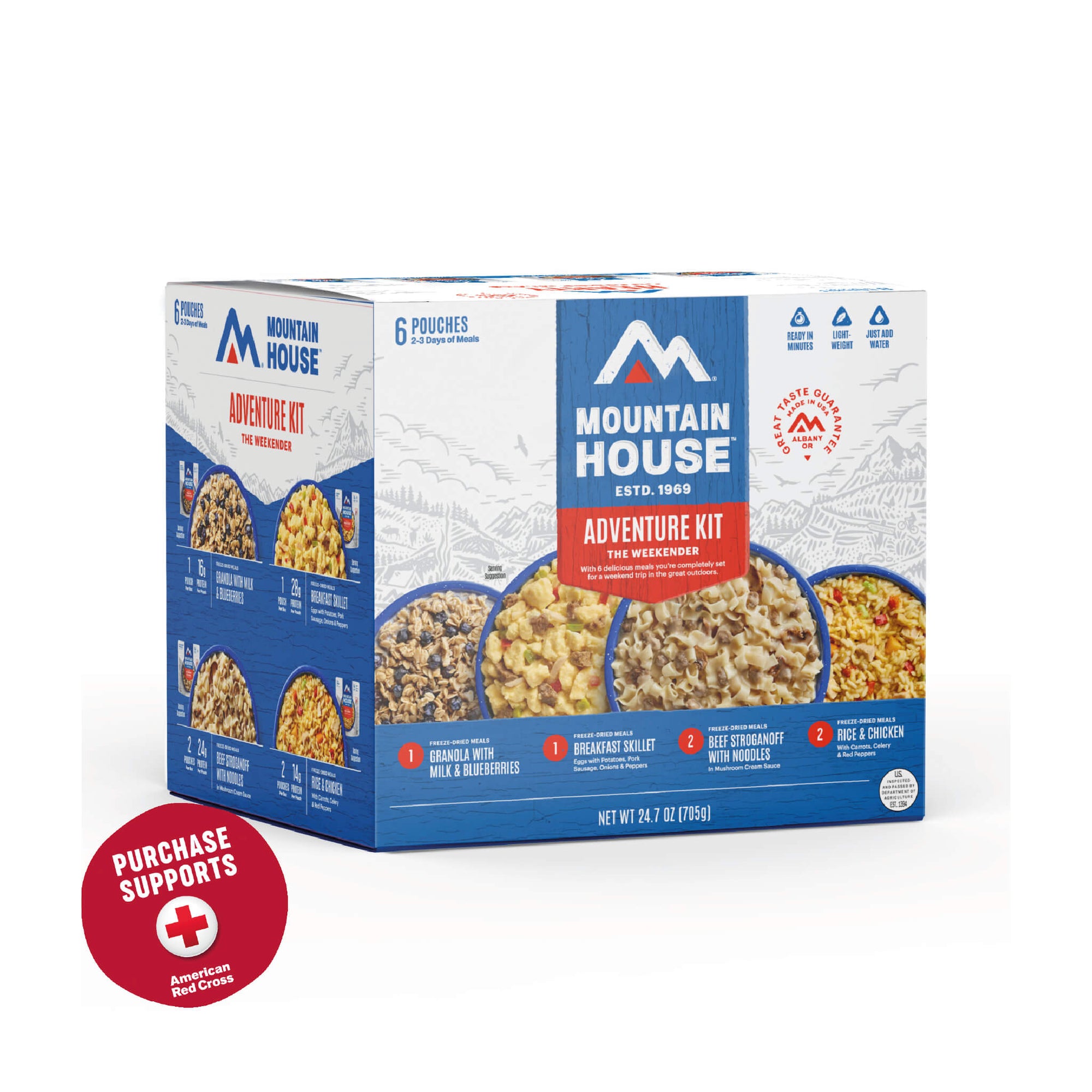Mountain House Adventure Weekender Kit packaging on a white background with a red circle that says purchase supports American Red Cross