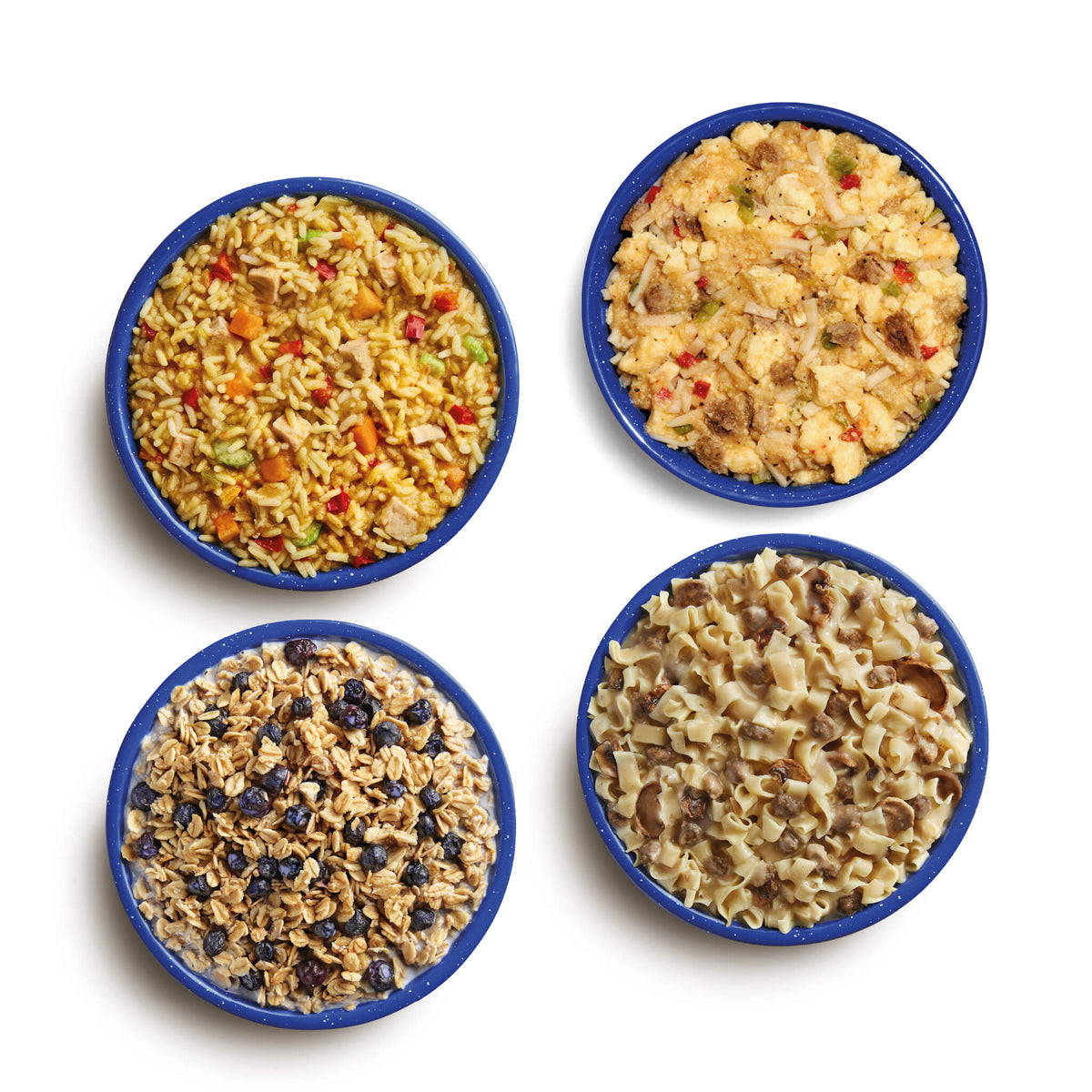 Aerial view of prepared freeze-dried meals in blue camping bowls. Meals shown are Rice & Chicken, Breakfast Skillet, Granola with Milk & Blueberries, and Beef Stroganoff with Noodles.