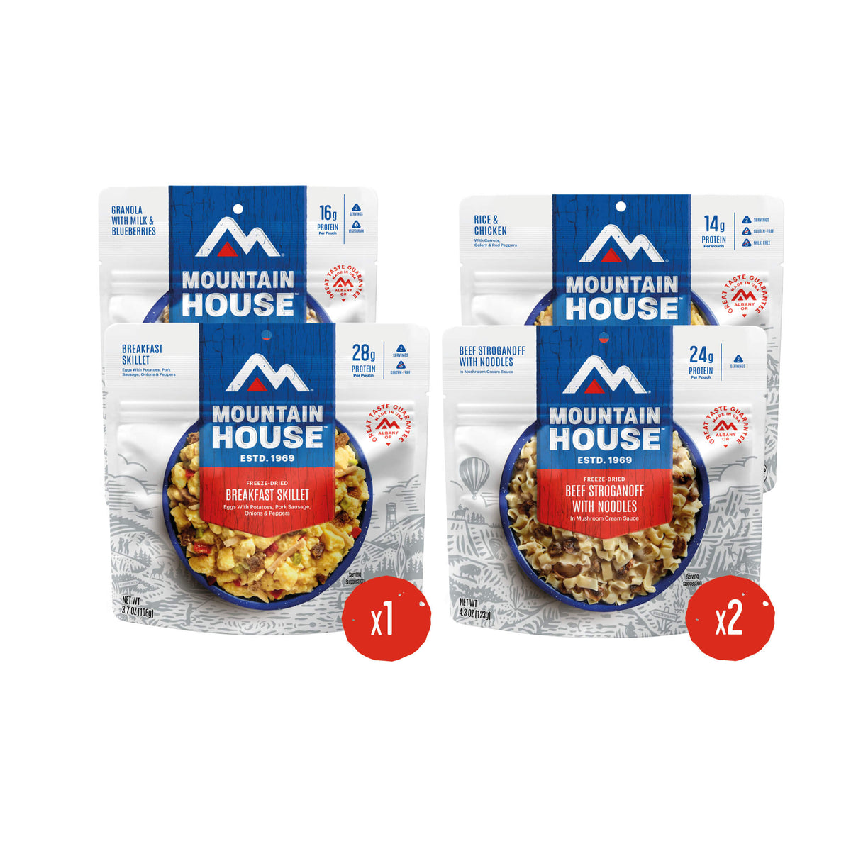 1 pouch each of Granola with Milk & Blueberries and Breakfast Skillet, and 2 pouches each of Rice & Chicken, and Beef Stroganoff with Noodles.