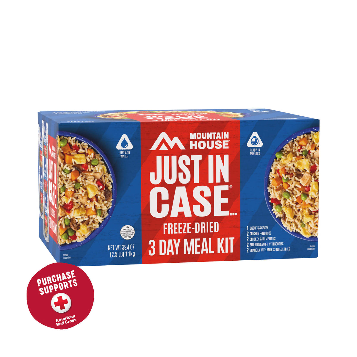 Mountain House 3-Day Emergency Food Supply Kit packaging on a white background with a red circle that says purchase supports American Red Cross