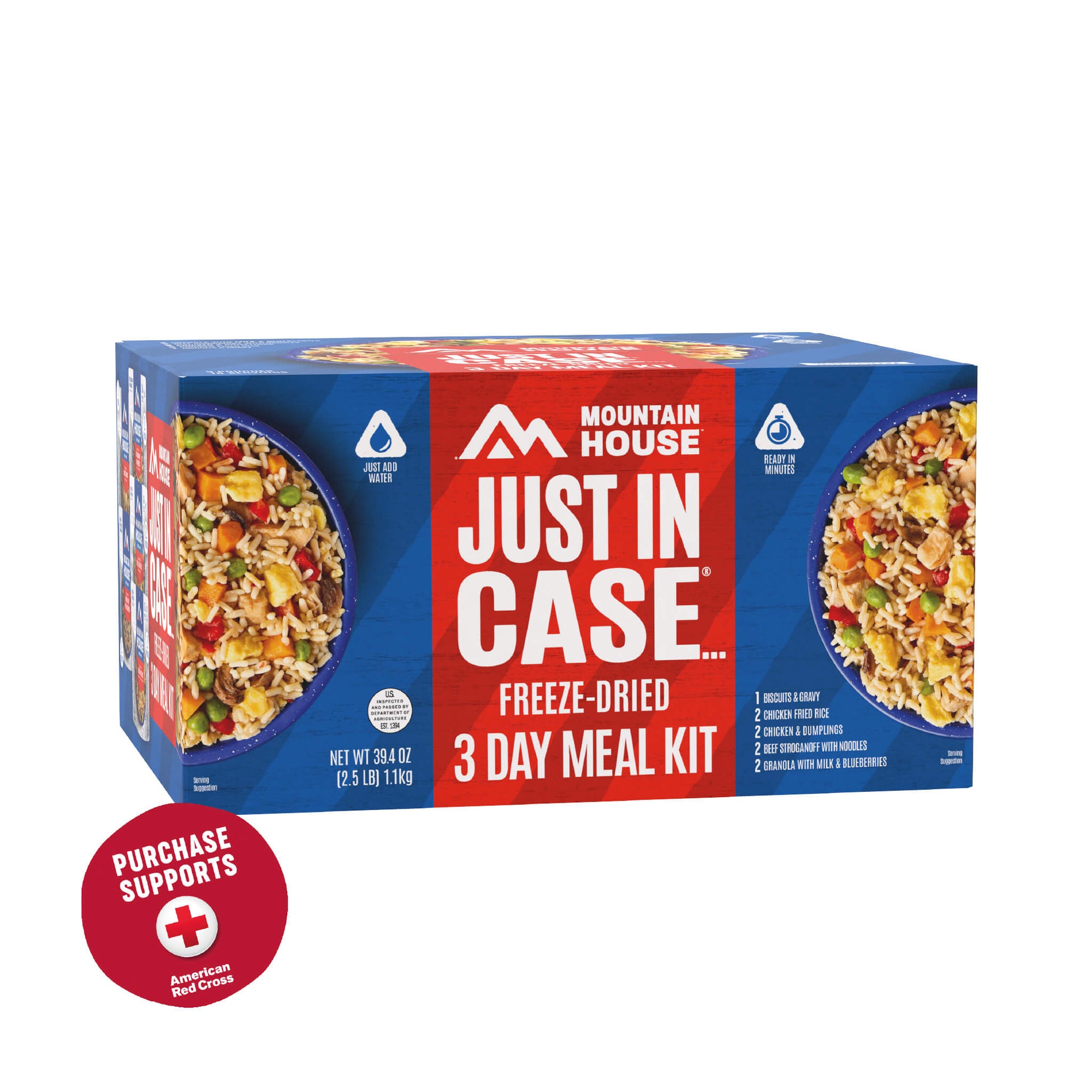 Mountain House 3-Day Emergency Food Supply Kit packaging on a white background with a red circle that says purchase supports American Red Cross