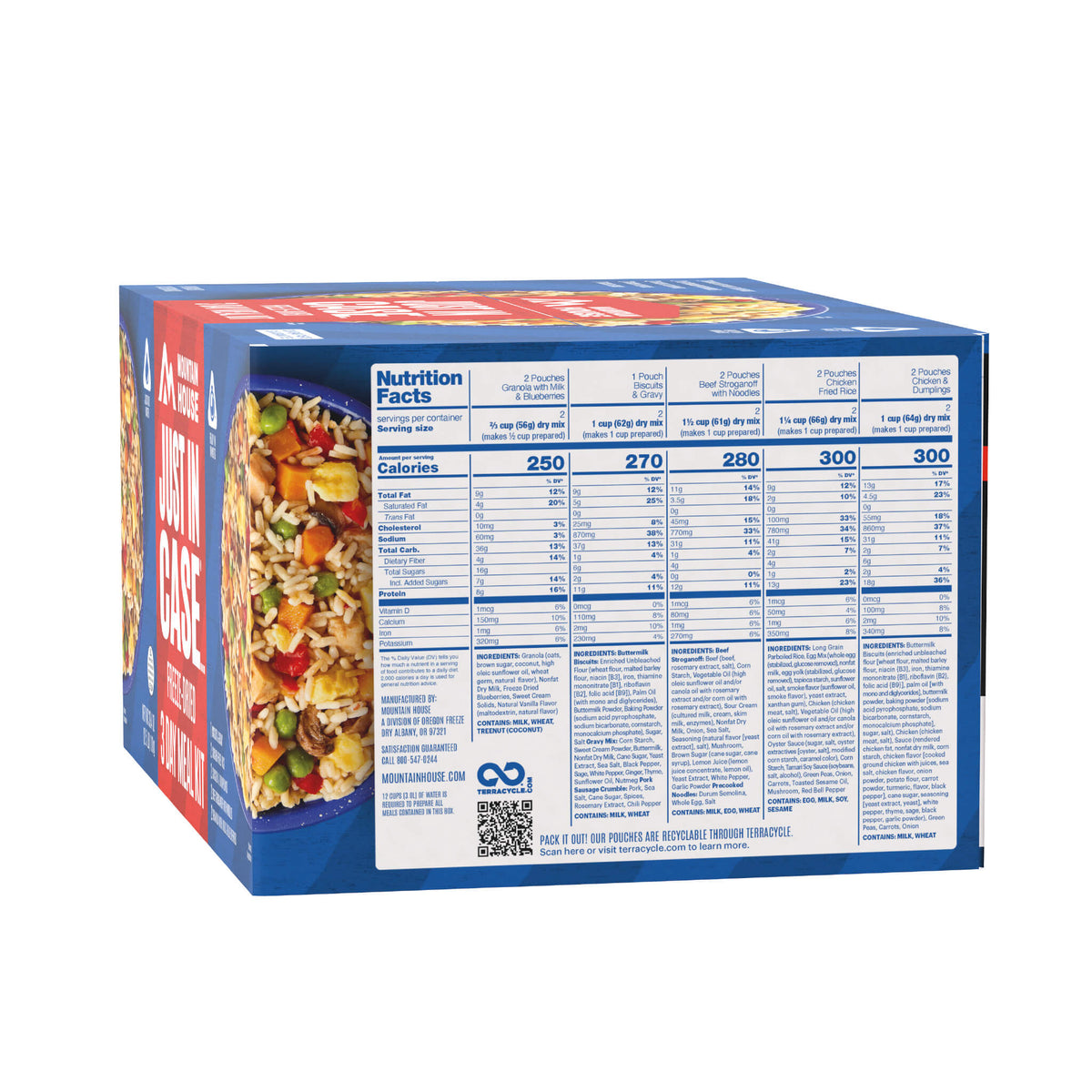The nutrition facts and ingredients for the Mountain House 3-Day Emergency Food Supply.