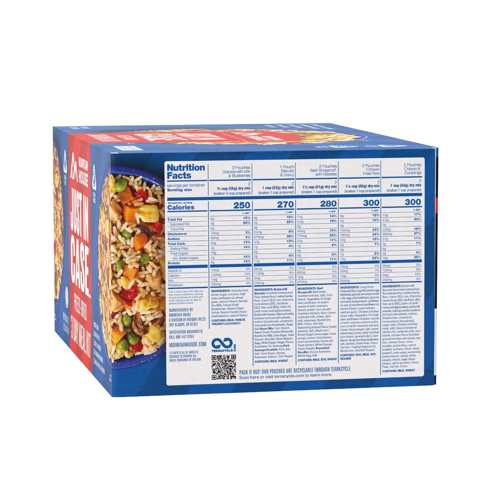 The nutrition facts and ingredients for the Mountain House 3-Day Emergency Food Supply.