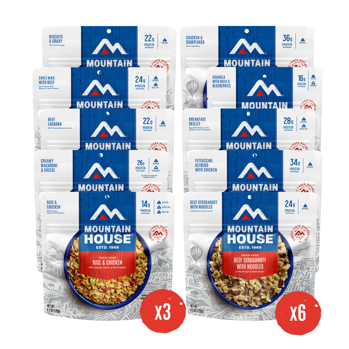 Mountain House food packages with quantities indicated on a white background