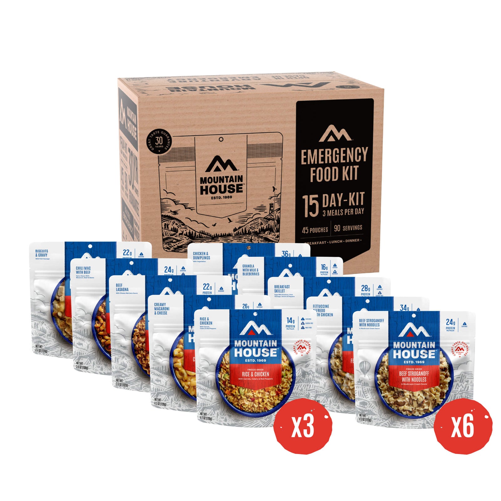 Mountain House 15- day emergency food kit with packaging on a white background