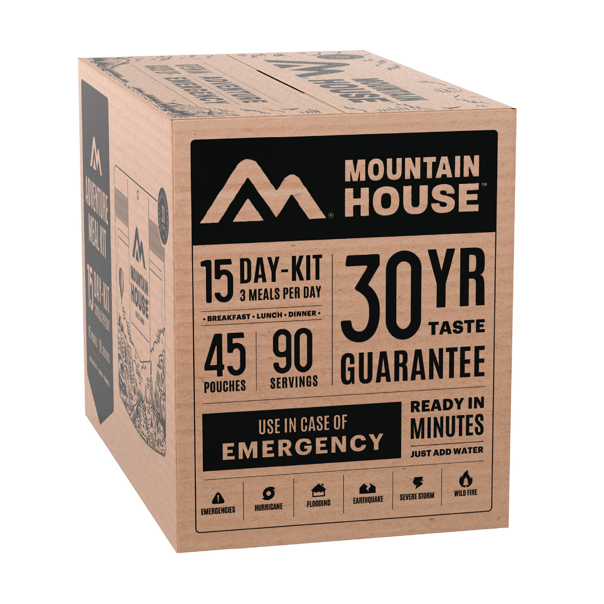 Side view of the Mountain House 15-day Emergency Food Kit packaging on a white background