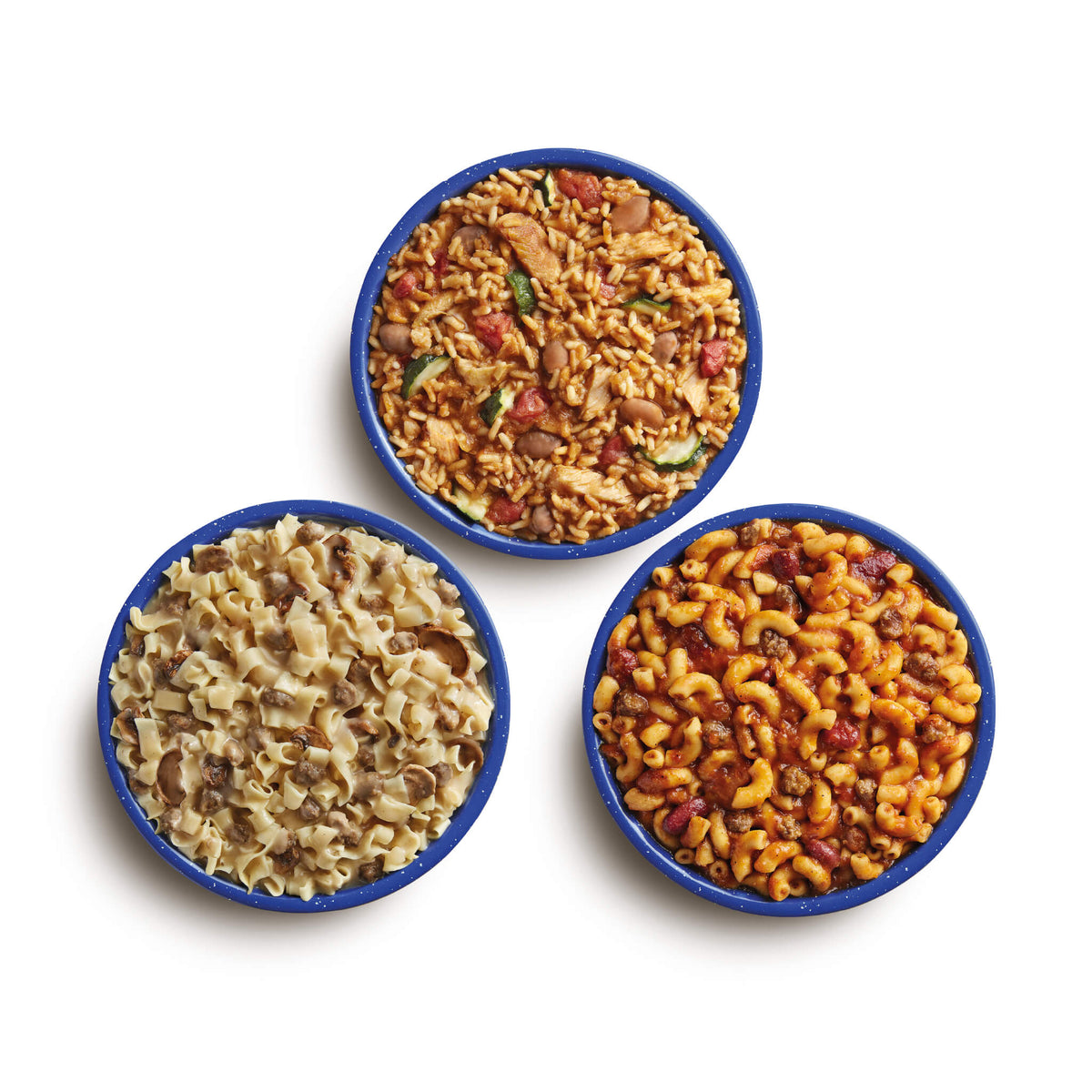 Aerial shot of Mexican Style Adobo Rice & Chicken, Chili Mac, and Beef Stroganoff prepared in blue camping bowls.