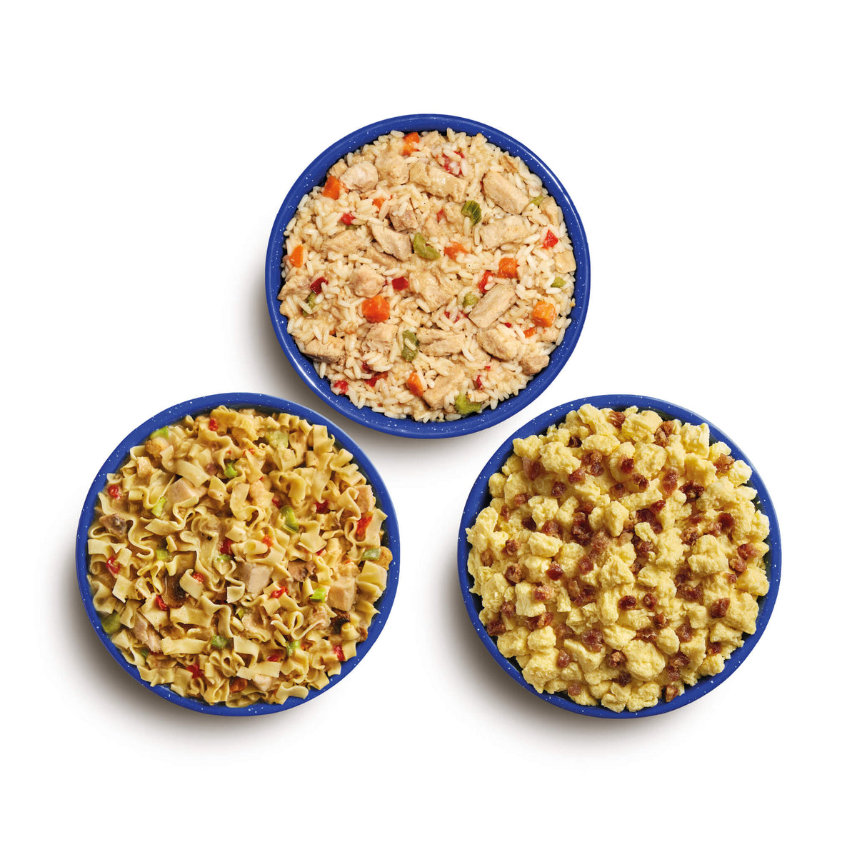 Aerial shot of Chicken & Rice, Homestyle Chicken Noodle Casserole, and Scrambled Eggs with Uncured Bacon prepared in blue camping bowls.
