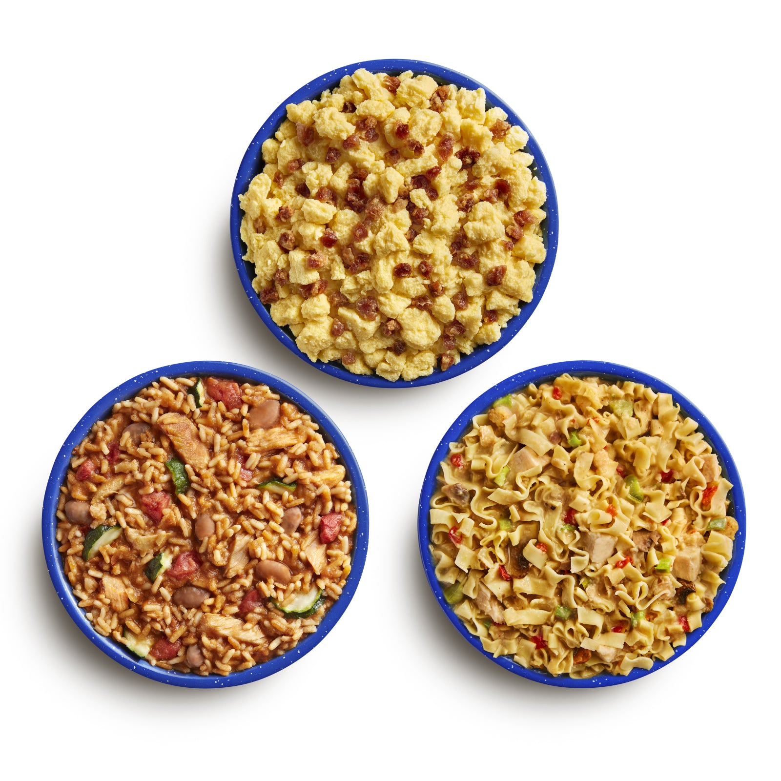 0087605 Backcountry Adventure Kit prepared meals: Chicken & Rice, Homestyle Chicken Noodle Casserole and Scrambled Eggs with Uncured Bacon.