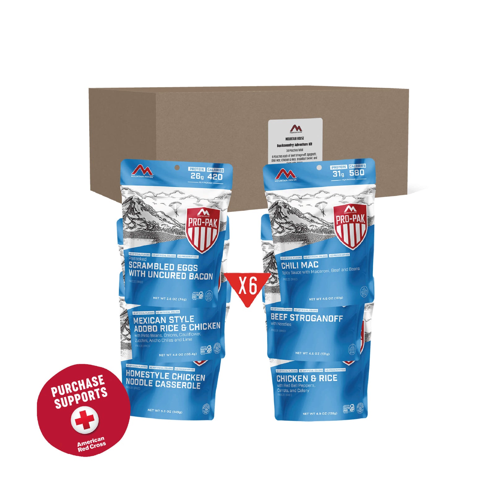 Six Pro-Pak meal packages with a cardboard box on a white background and a red circle that says purchase supports American Red Cross