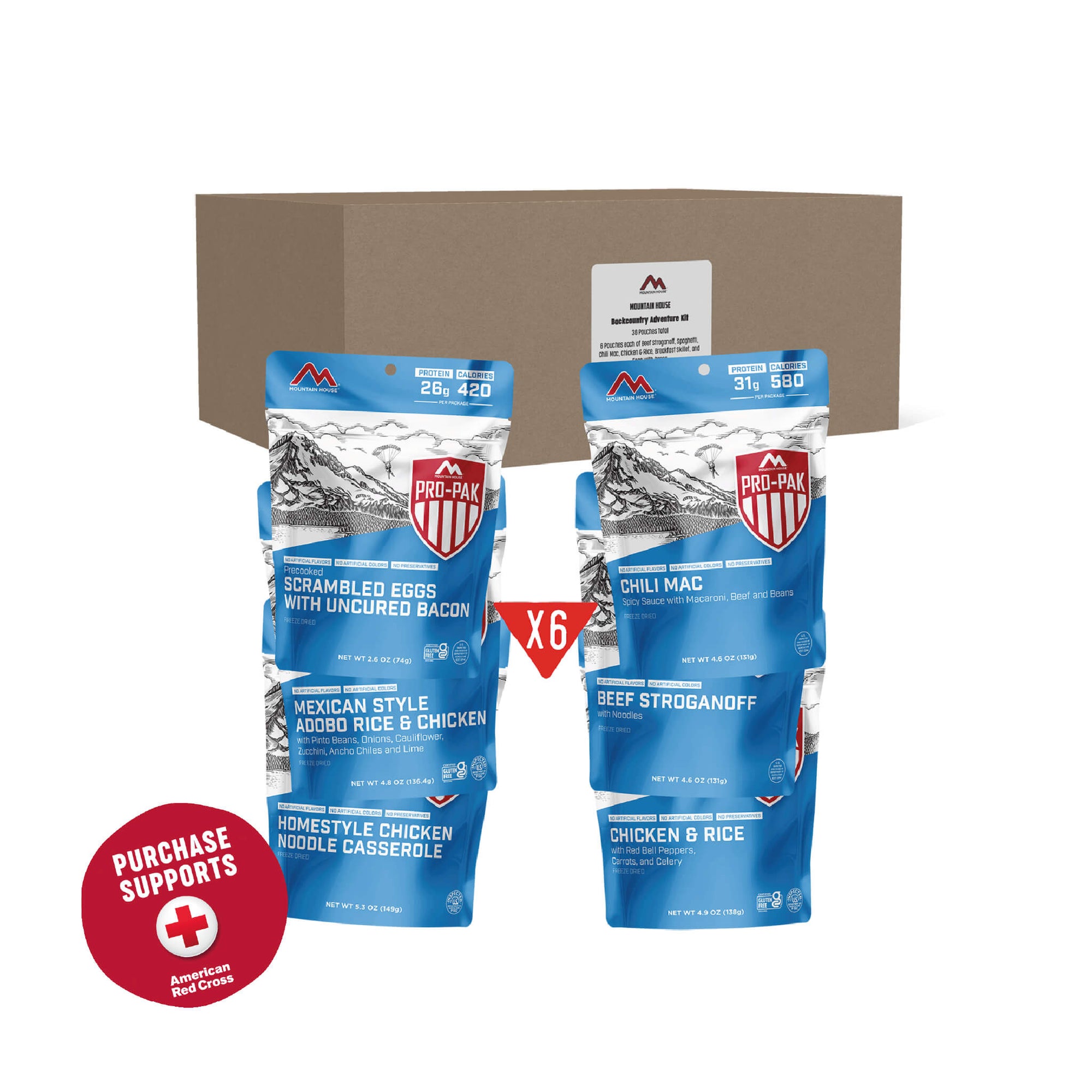 Six Pro-Pak meal packages with a cardboard box on a white background and a red circle that says purchase supports American Red Cross