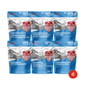 Enjoy 6 pouches each of Scrambled Eggs with Uncured Bacon, Homestyle Chicken Noodle Casserole, Chili Mac, Beef Stroganoff, Mexican Style Adobo Rice &  Chicken, and Chicken & Rice.