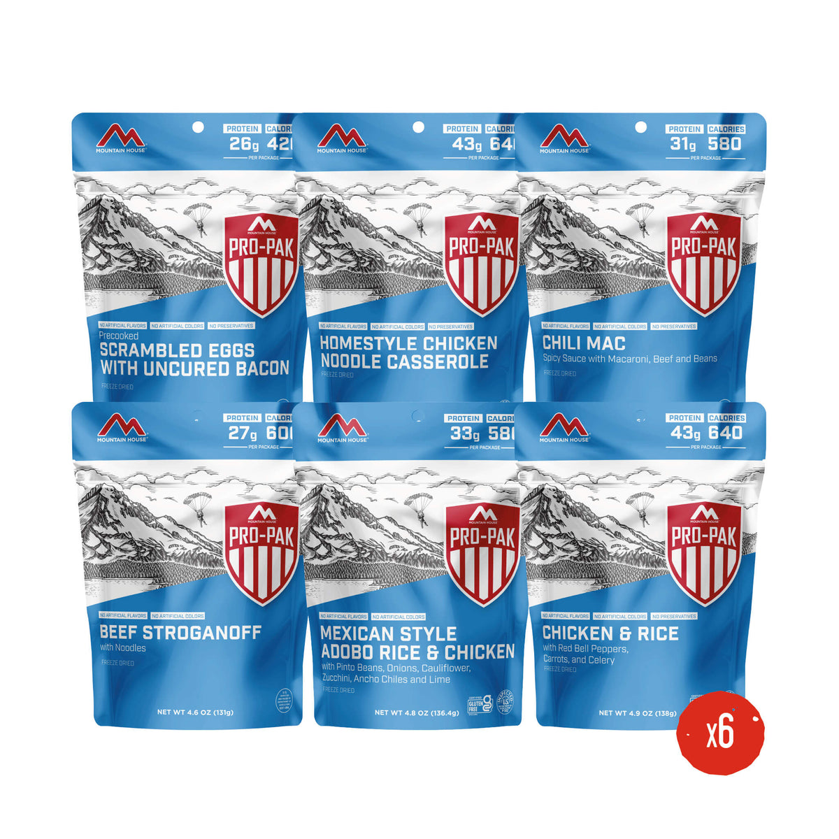 Enjoy 6 pouches each of Scrambled Eggs with Uncured Bacon, Homestyle Chicken Noodle Casserole, Chili Mac, Beef Stroganoff, Mexican Style Adobo Rice &  Chicken, and Chicken & Rice.