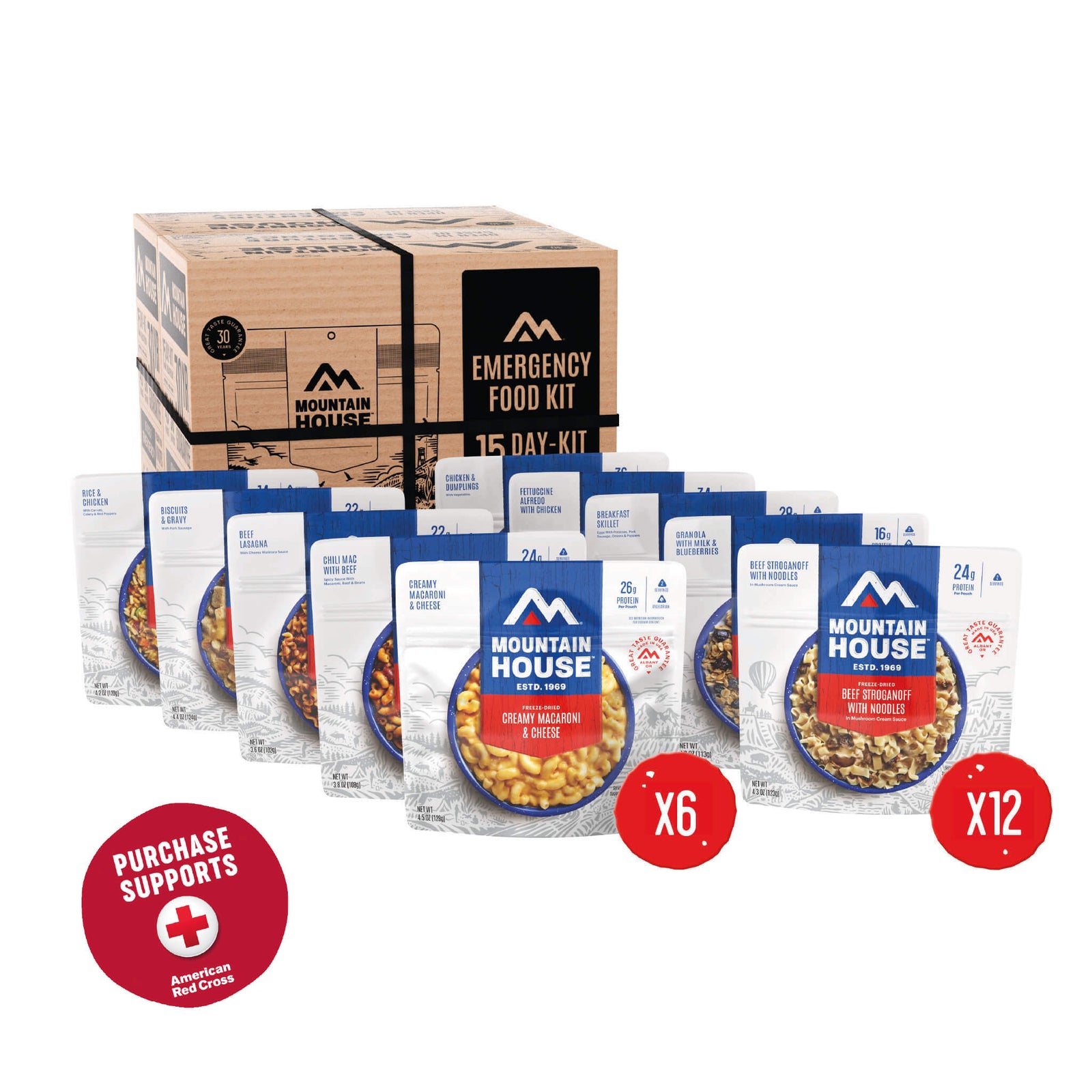 Mountain House 30-Day Emergency Food Kit with packaging and freeze-dried meal pouches on a white background with a red circle that says purchase supports American Red Cross
