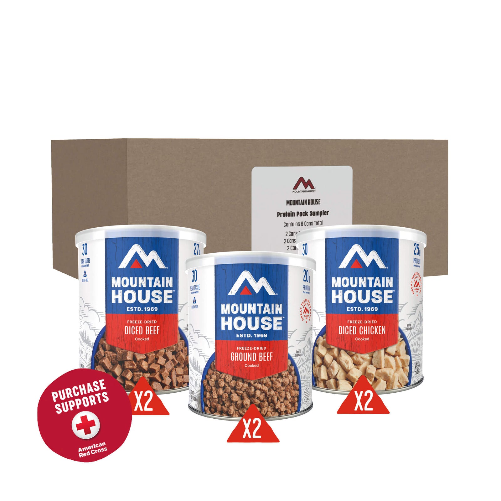Mountain House #10 Cans with a cardboard box in the background and a red circle that says purchase supports American Red Cross