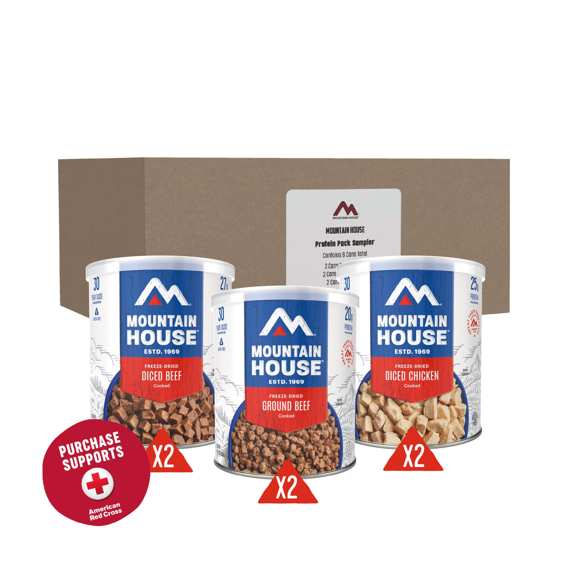 Mountain House #10 Cans with a cardboard box in the background and a red circle that says purchase supports American Red Cross