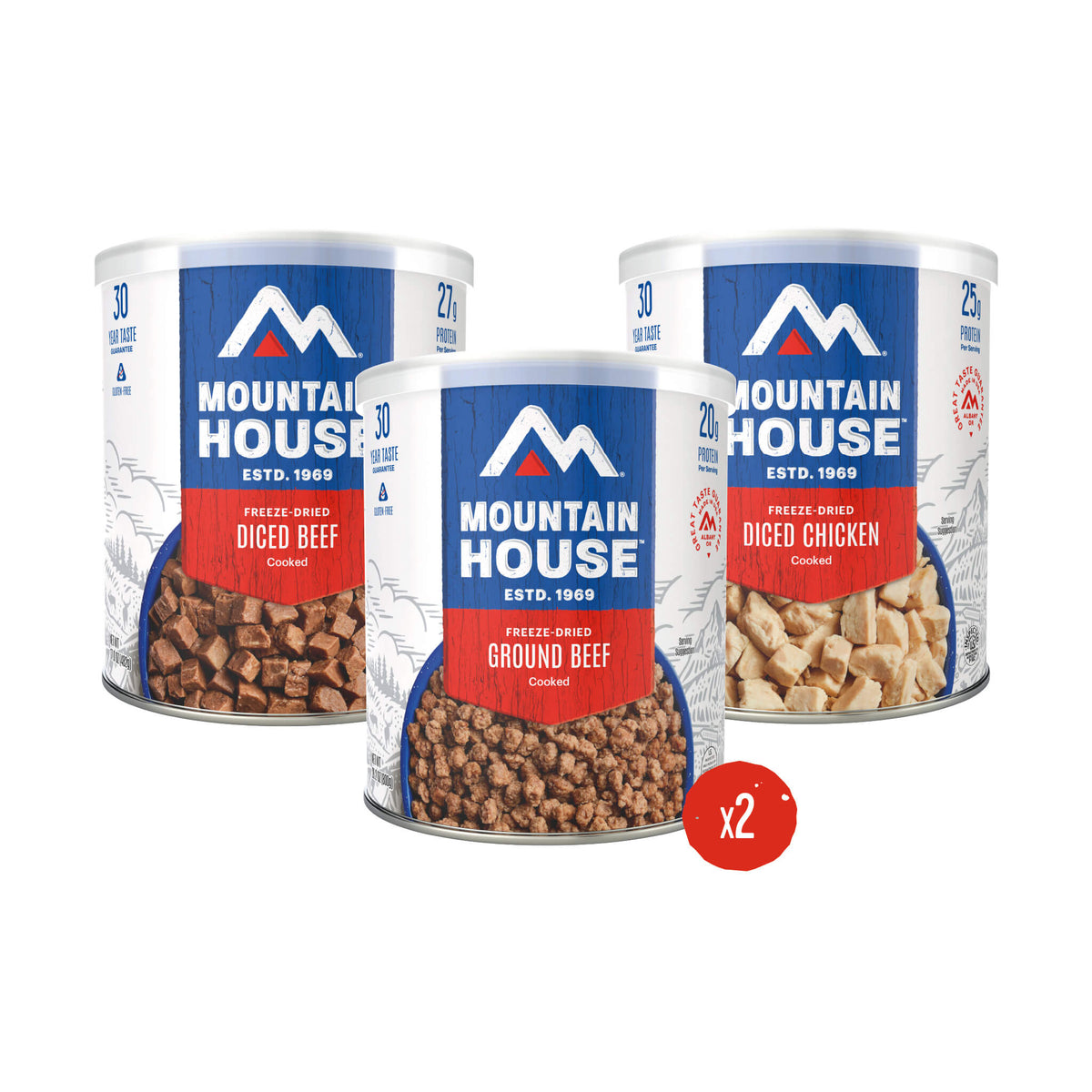 Three #10 Cans of freeze-dried proteins with a times 2 featured in a red circle. Cans include Diced Beef, Diced Chicken, and Ground Beef.