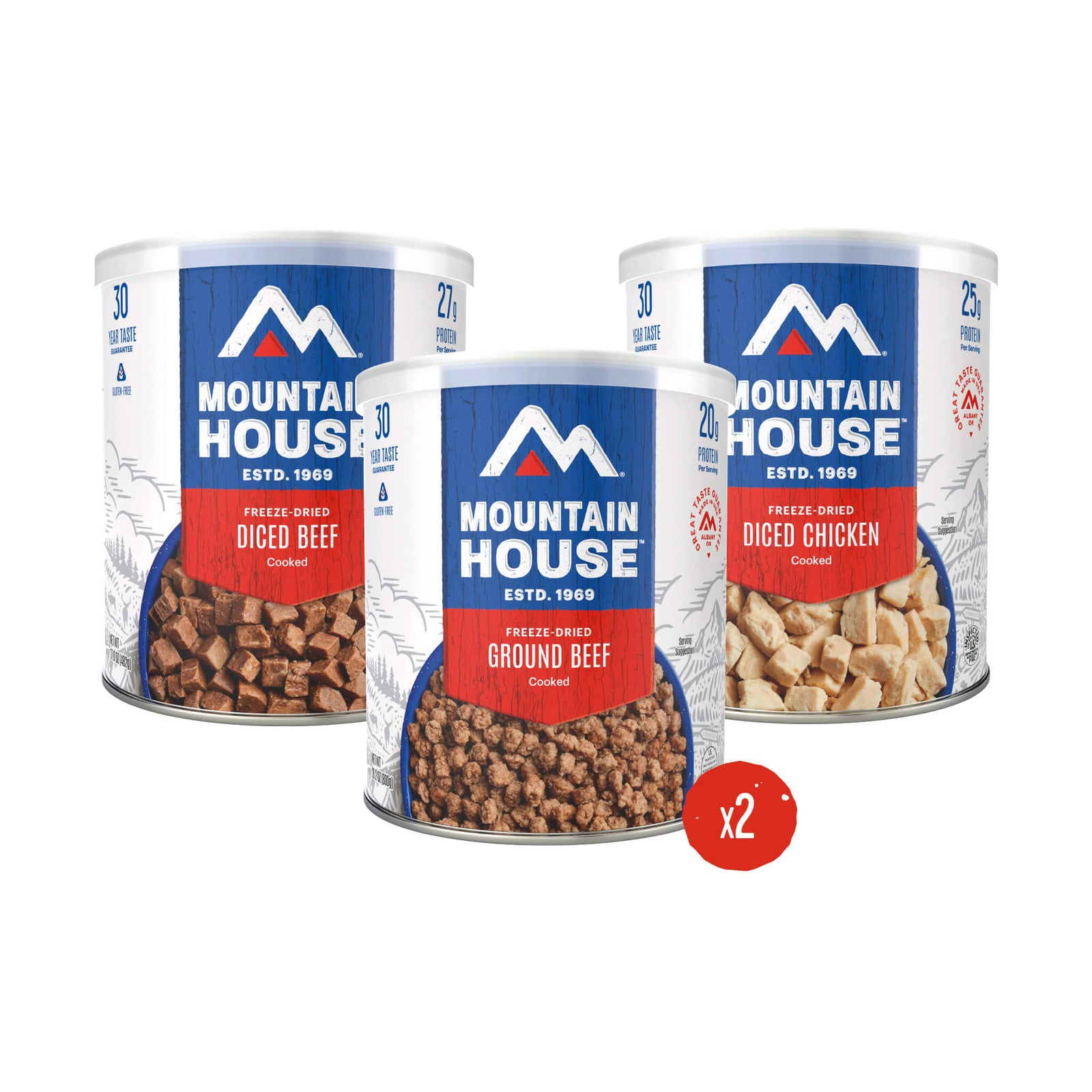 Three #10 Cans of freeze-dried proteins with a times 2 featured in a red circle. Cans include Diced Beef, Diced Chicken, and Ground Beef.