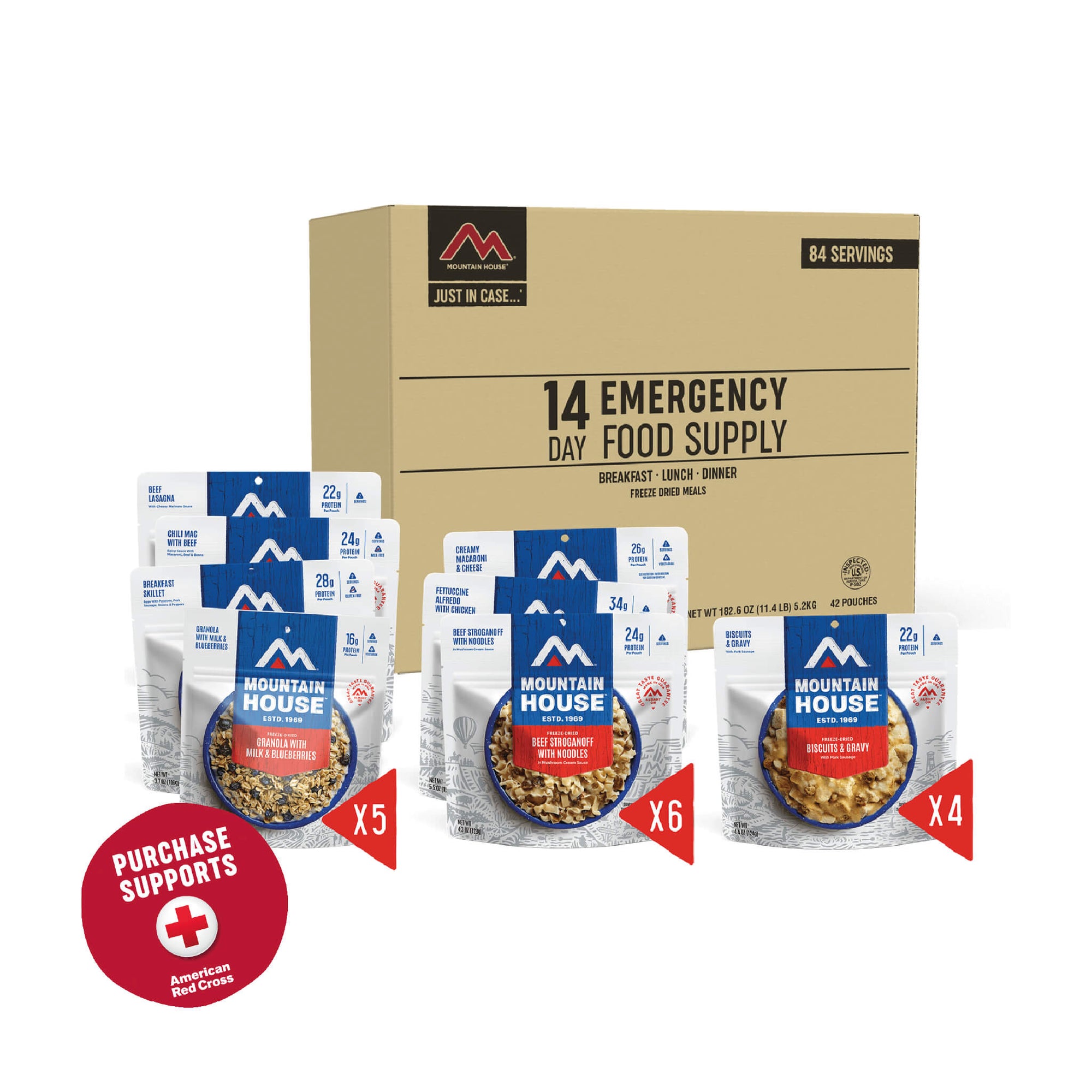 Mountain House 14-Day Emergency Food Supply Kit packaging with freeze-dried meal pouches on a white background and a red circle that says purchase supports American Red Cross