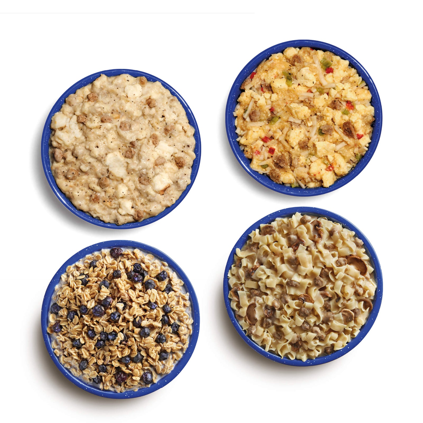 Aerial view of prepared freeze-dried meals in blue camping bowls. Meals shown are Biscuits & Gravy, Breakfast Skillet, Granola with Milk & Blueberries, and Beef Stroganoff with Noodles.