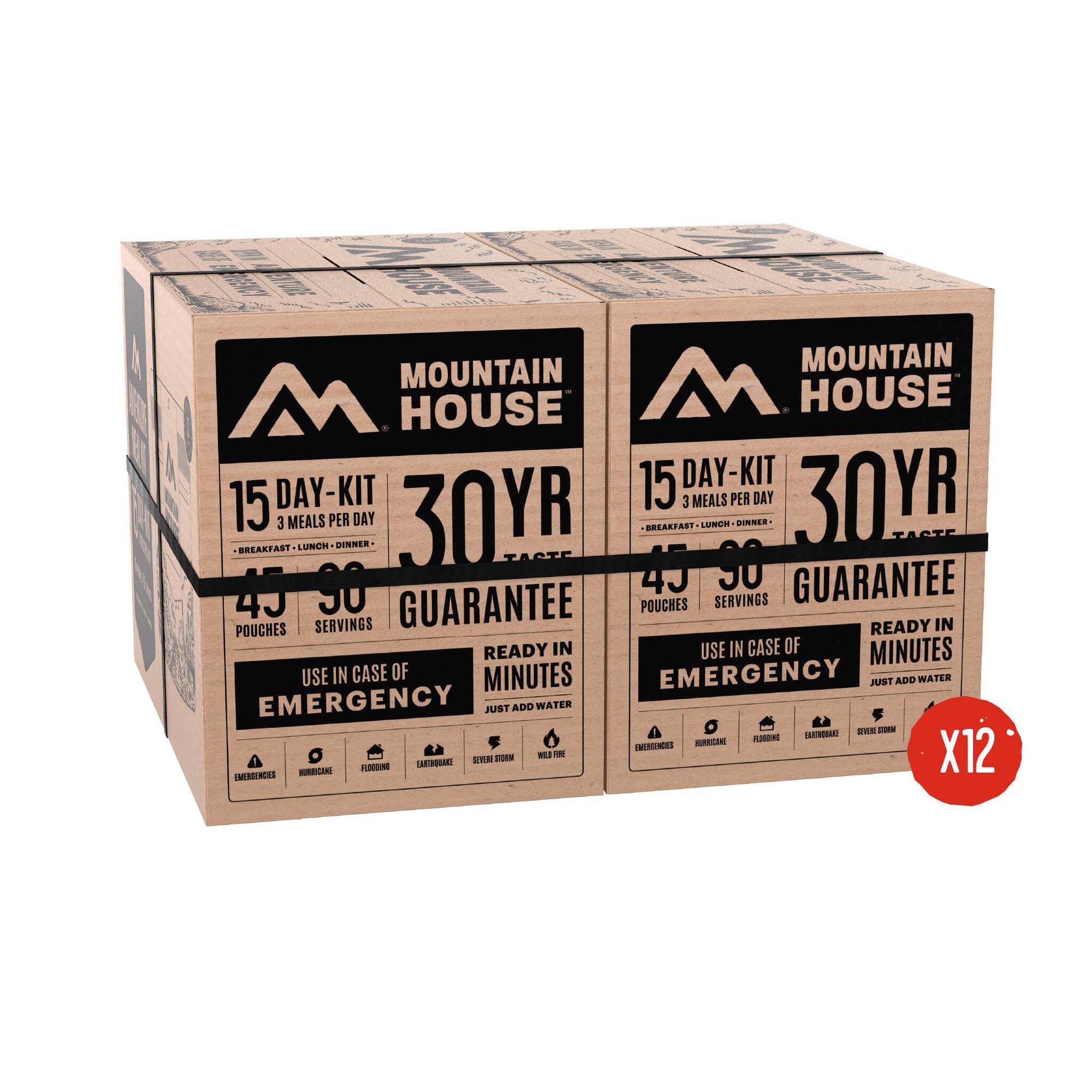 Two boxes of Mountain House 15-Day Kits banded together with use case and 30 year taste guarantee messaging. Also includes a times 12 in a red circle.