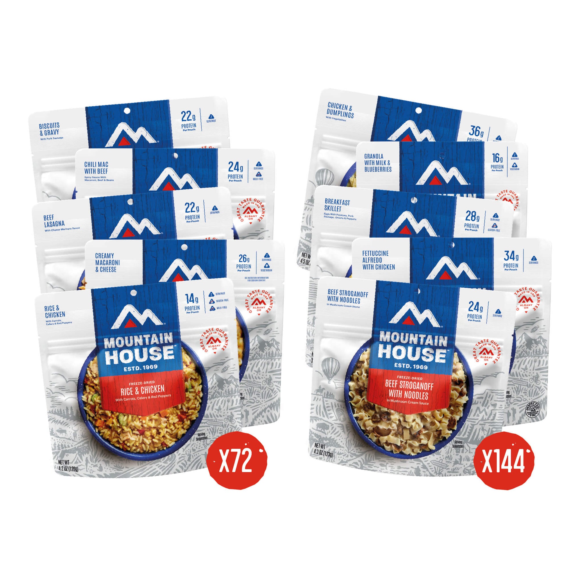 Mountain House 1-Year Emergency Food Supply with 1,080 total pouches.