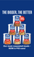 Six Mountain House #10 cans stacked in a pyramid over a blue background. Text: "The Bigger, The Better. Our most-requested meals — NOW in #10 Cans." A starburst near the Andouille Pork Sausage Slices can says "New Protein."