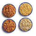 Four blue camping bowls filled with various Mountain House meals in the 14-Day Kit.